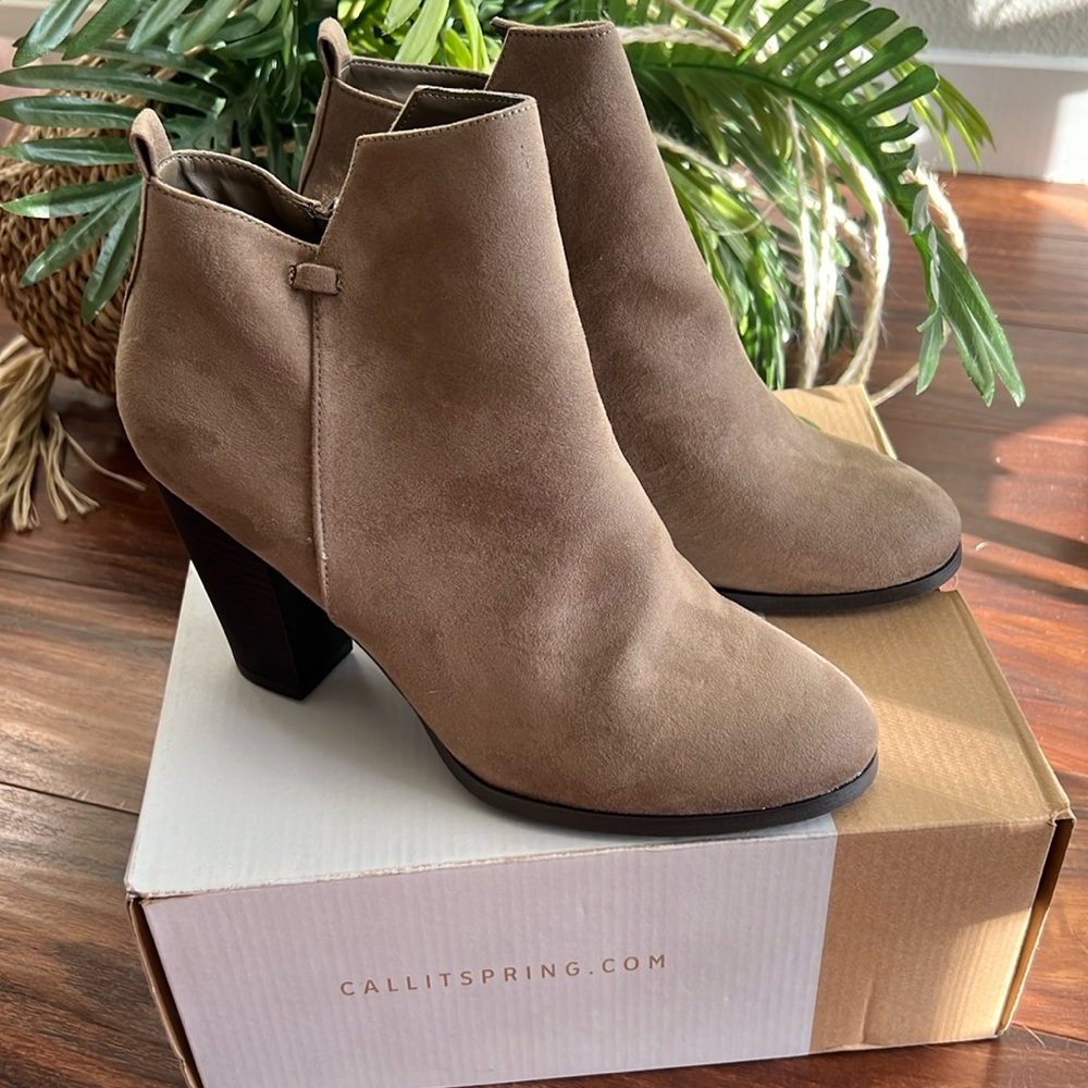 Call it Spring Suede Booties in Taupe
